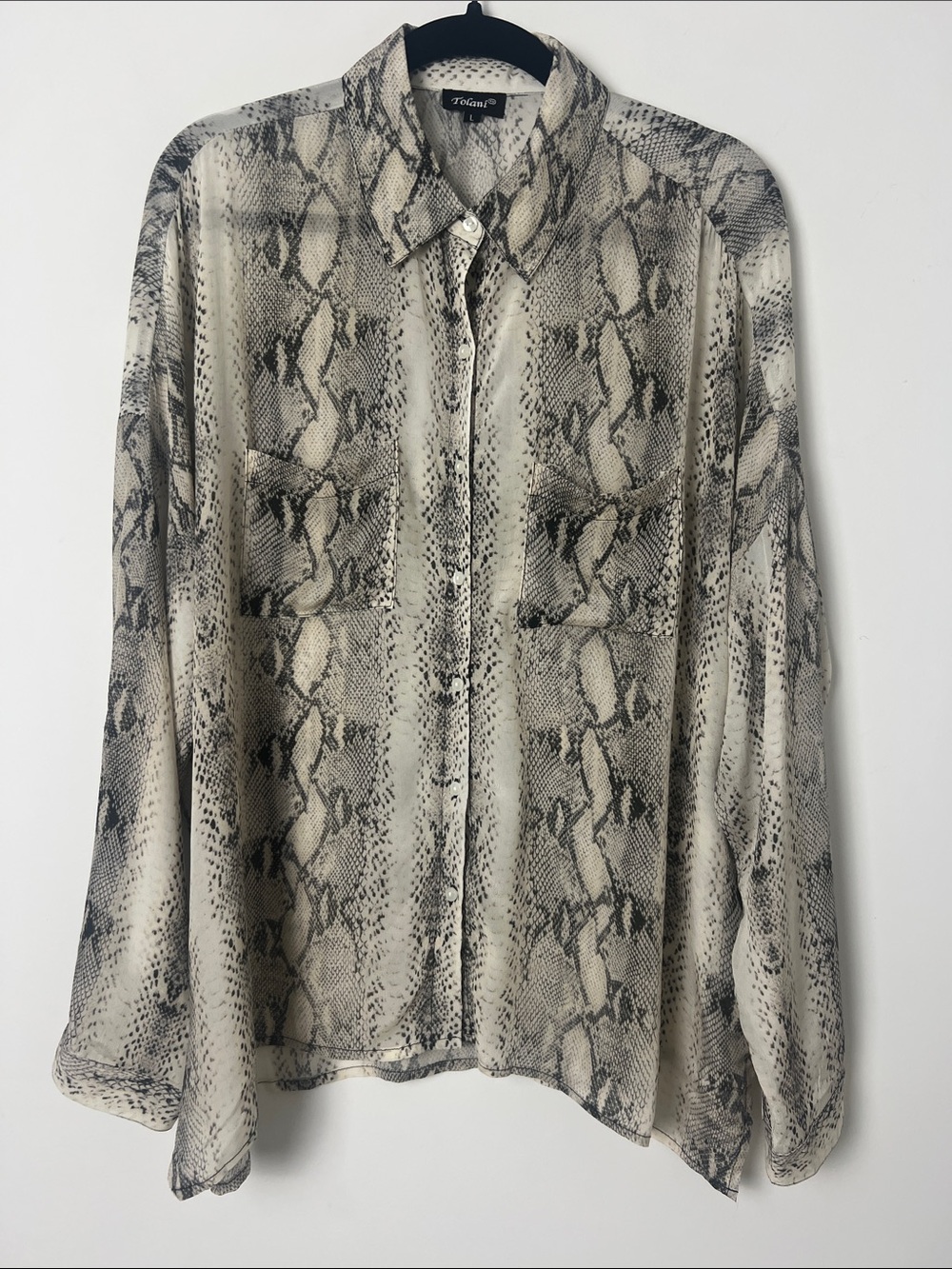 Tolani Anthropologie Large Snakeskin Sheer Button Front Roll Tab Sleeve Blouse